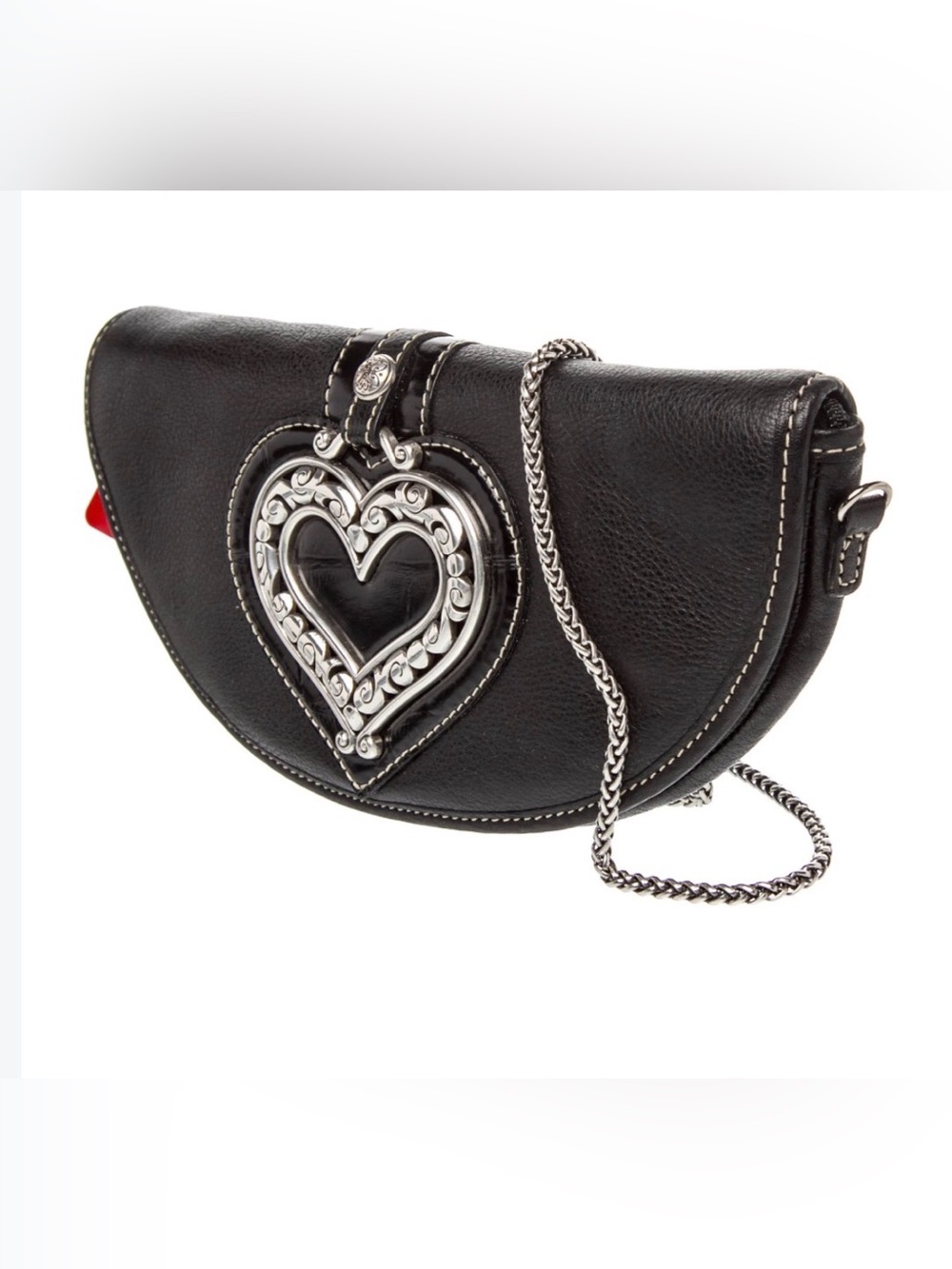 Brighton Black Leather Crossbody with Silver Heart Medallion